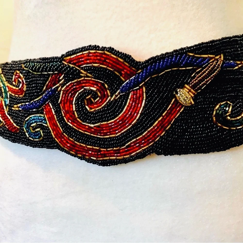 Vtg Christian Dior 80s beaded black+redbelt with rich tone beads.Size M/L